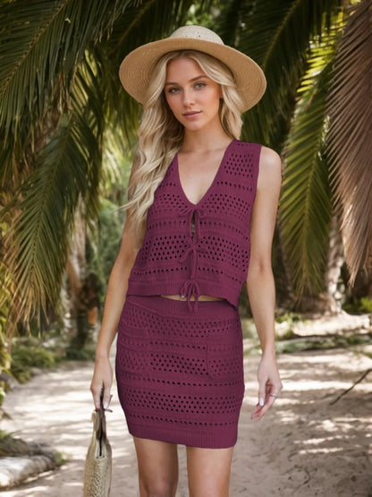Openwork V-Neck Top and Skirt Knit Cover Up Set Easy Apparels