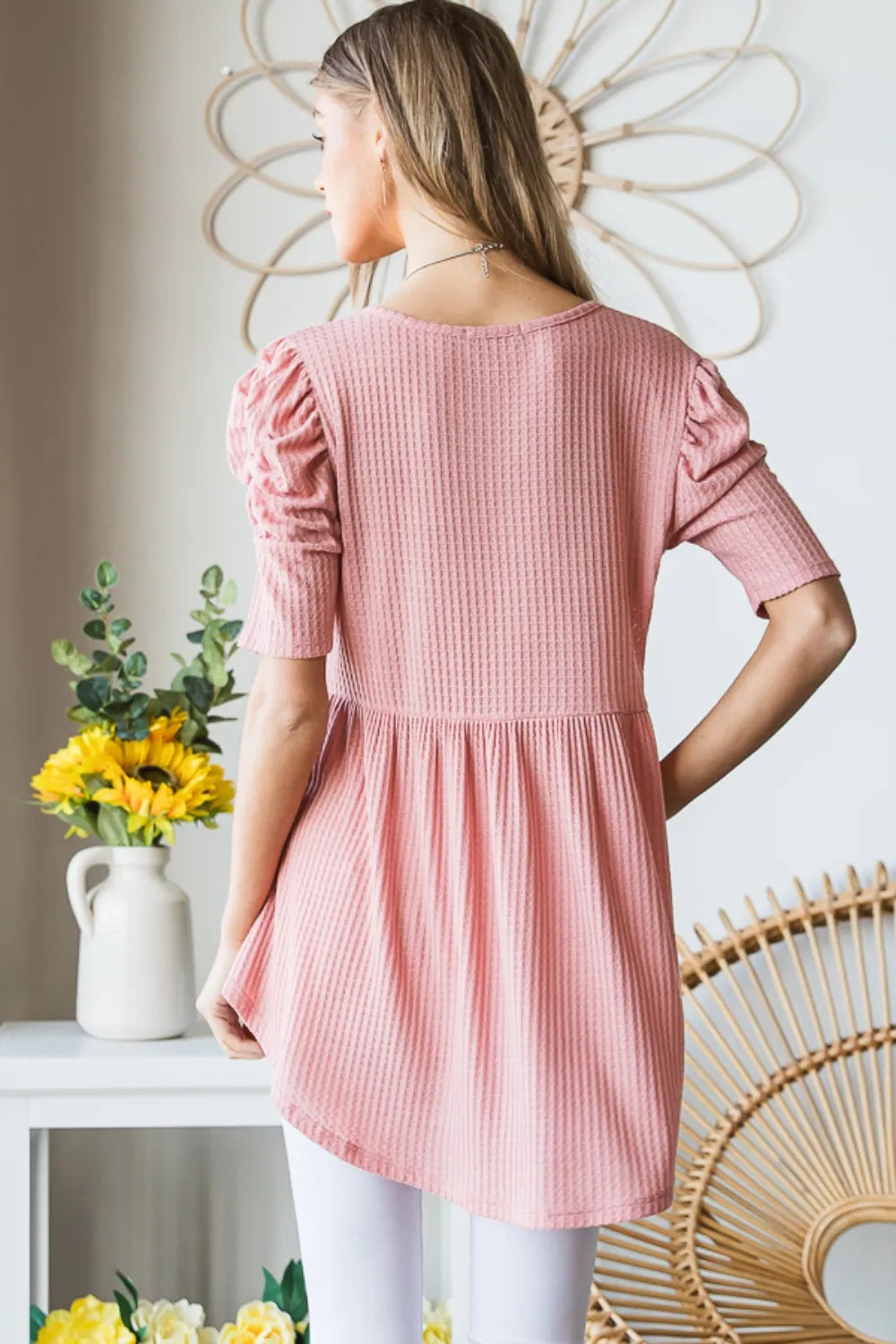 Trendsi Heimish Full Size Waffle Knit V-Neck Babydoll Top