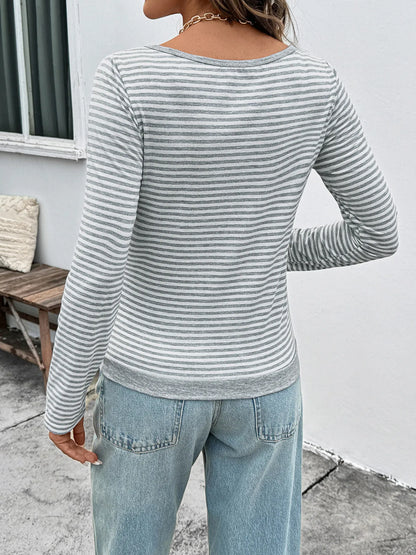 Trendsi Striped Long Sleeve Casual T-Shirt