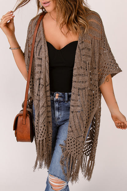 Fringe Hem Slit Open Front Cardigan Easy Apparels