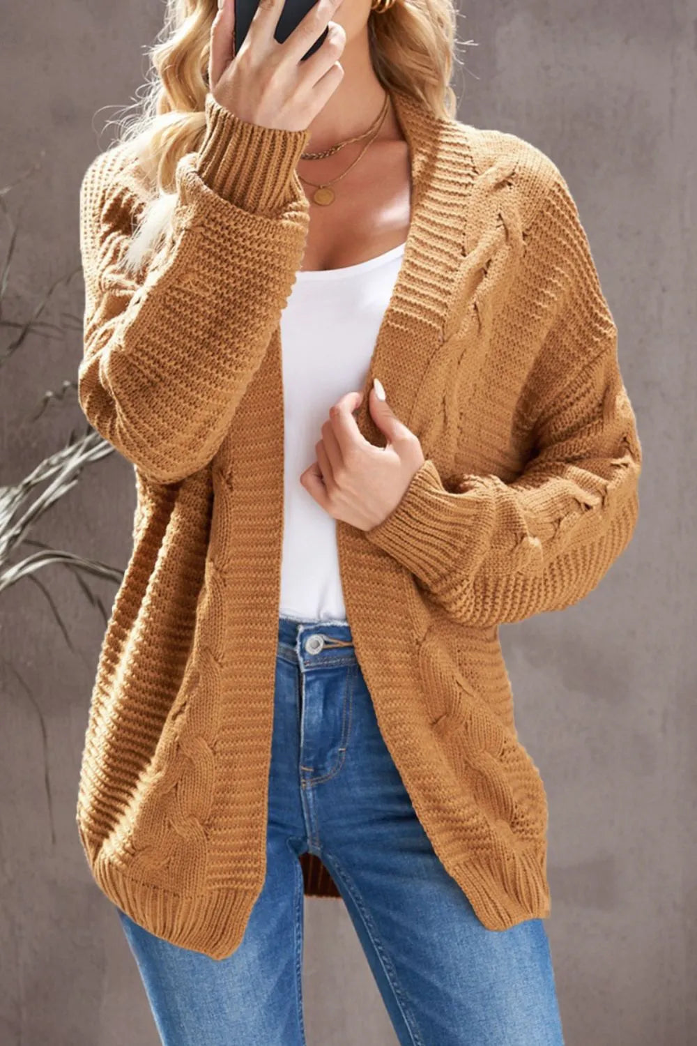 Cable-Knit Open Front Cardigan Easy Apparels