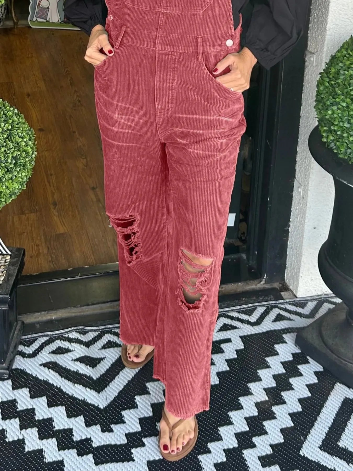 Distressed Wide Leg Corduroy Overalls Easy Apparels