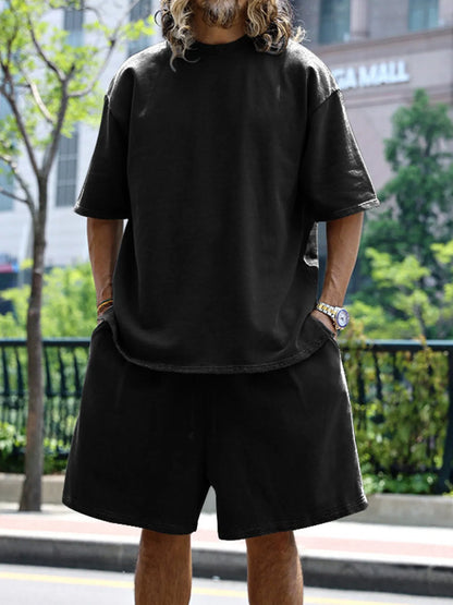 Men's Full Size Round Neck Short Sleeve Top and Shorts Set Plus Size Black Easy Apparels