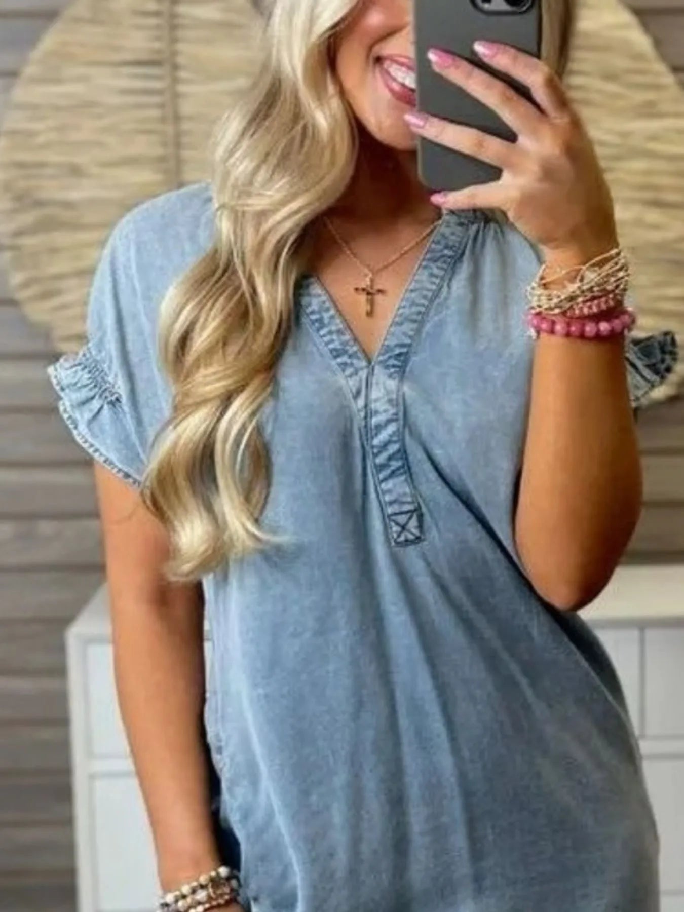 Full Size V-Neck Short Sleeve Denim Dress Plus Size Easy Apparels