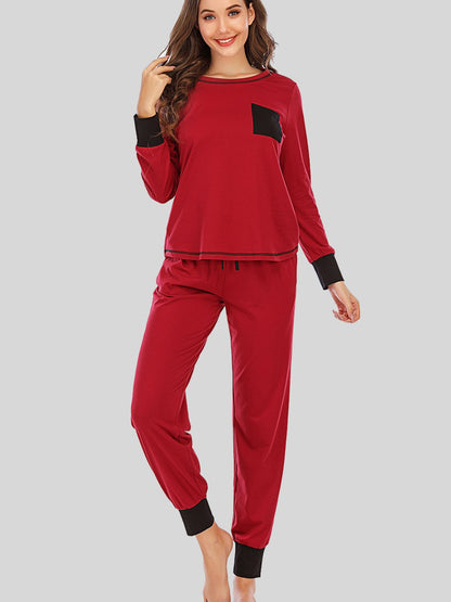 Round Neck Top and Pants Lounge Set Wine Easy Apparels