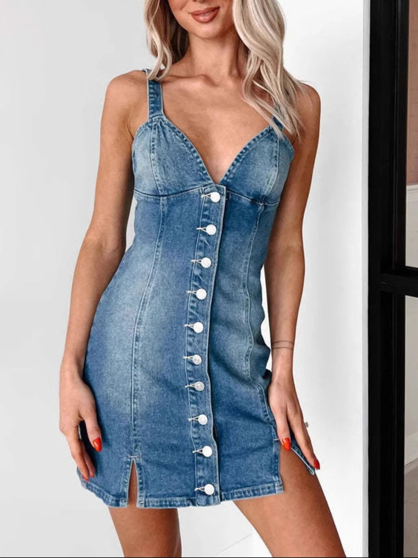 Button Front Sweetheart Neck Denim Mini Dress Easy Apparels