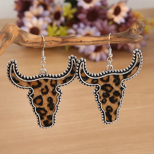 Alloy Animal Print Cow Head Earrings Leopard One Size Easy Apparels