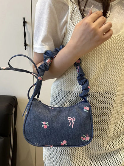 Embroidered Ruched Strap Shoulder Bag Easy Apparels
