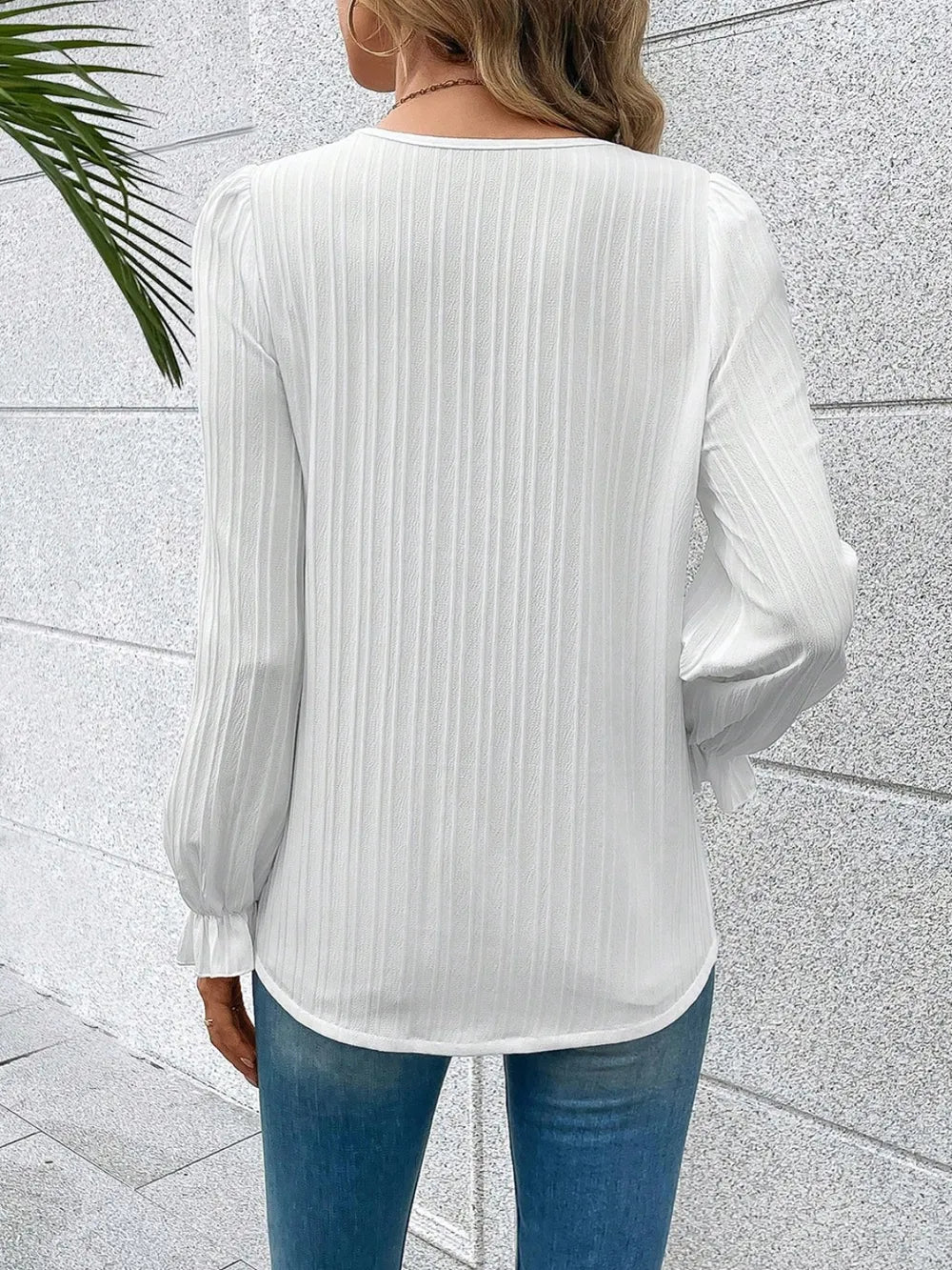 Trendsi V-Neck Lace Detail Flounce Sleeve Blouse