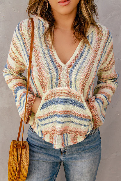 Striped Hooded Sweater with Kangaroo Pocket Easy Apparels