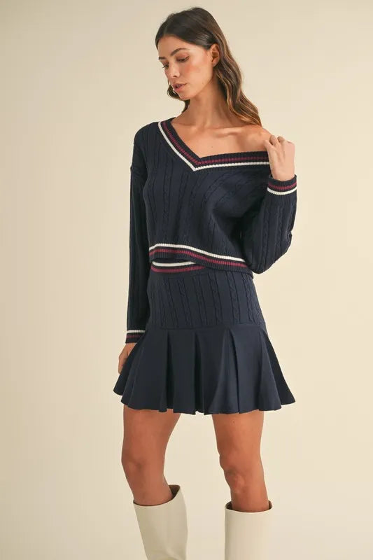 MABLE Cable-Knit Top and Pleated Skirt Sweater Set Easy Apparels