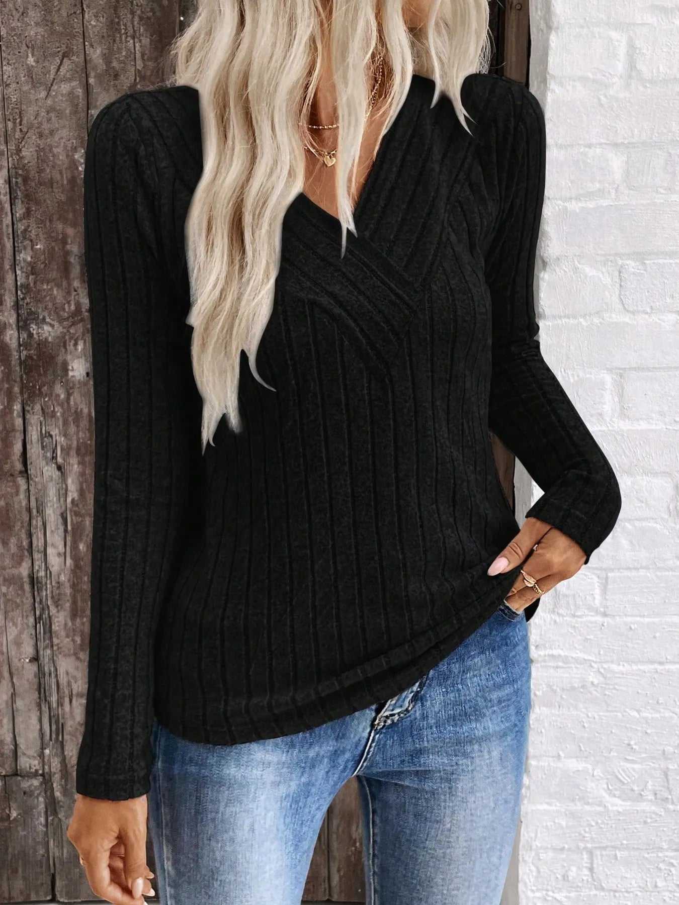Trendsi Ribbed V-Neck Long Sleeve Knit T-Shirt