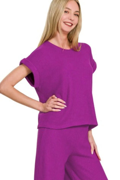 Zenana Rolled Sleeve Top and Pants Sweater Set Easy Apparels