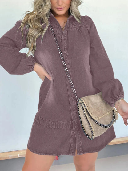 Full Size Button Front Long Sleeve Denim Dress Plus Size Gray Purple Easy Apparels
