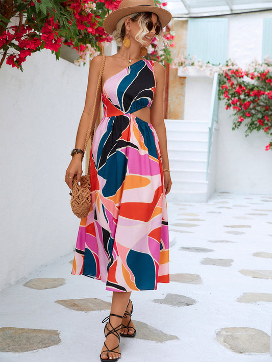 Printed Cutout One-Shoulder Sleeveless Dress Purple Easy Apparels