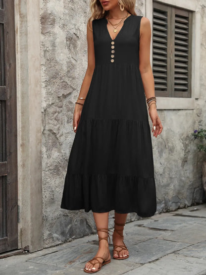 Ivy Lane Decorative Button Notched Sleeveless Dress Easy Apparels