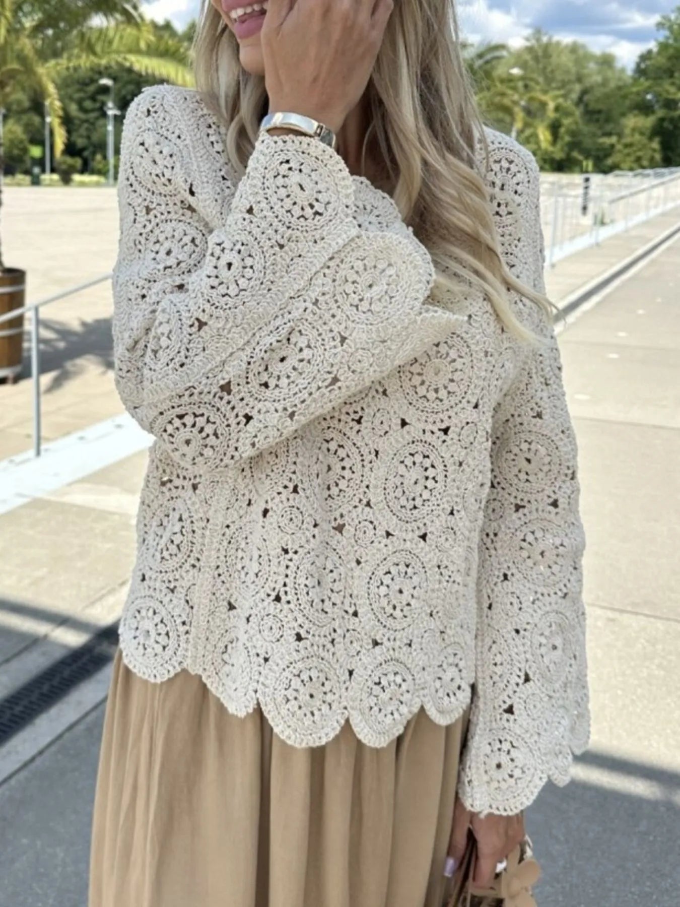 Trendsi Crochet Lace V-Neck Bell Sleeve Knit Top