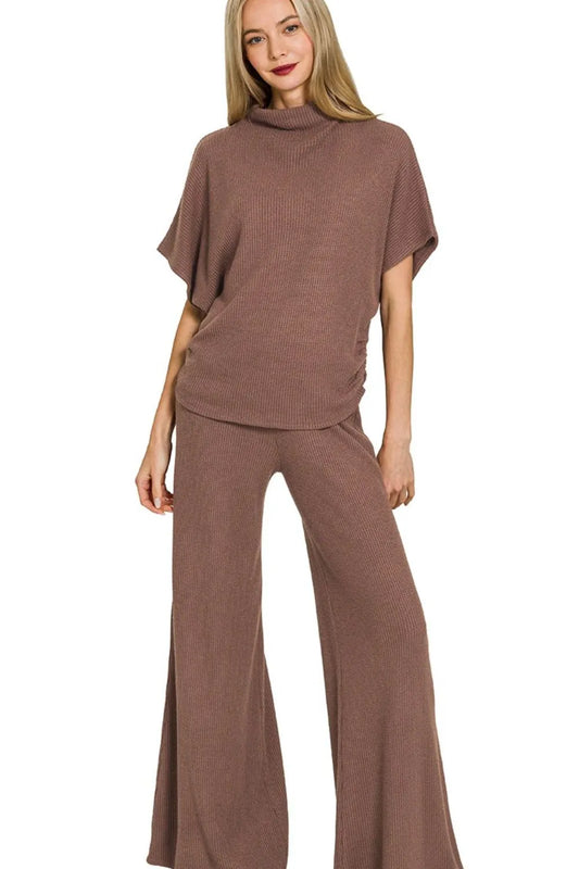 Zenana Sweater Mock Neck Top & Long Pants Set BROWN Easy Apparels