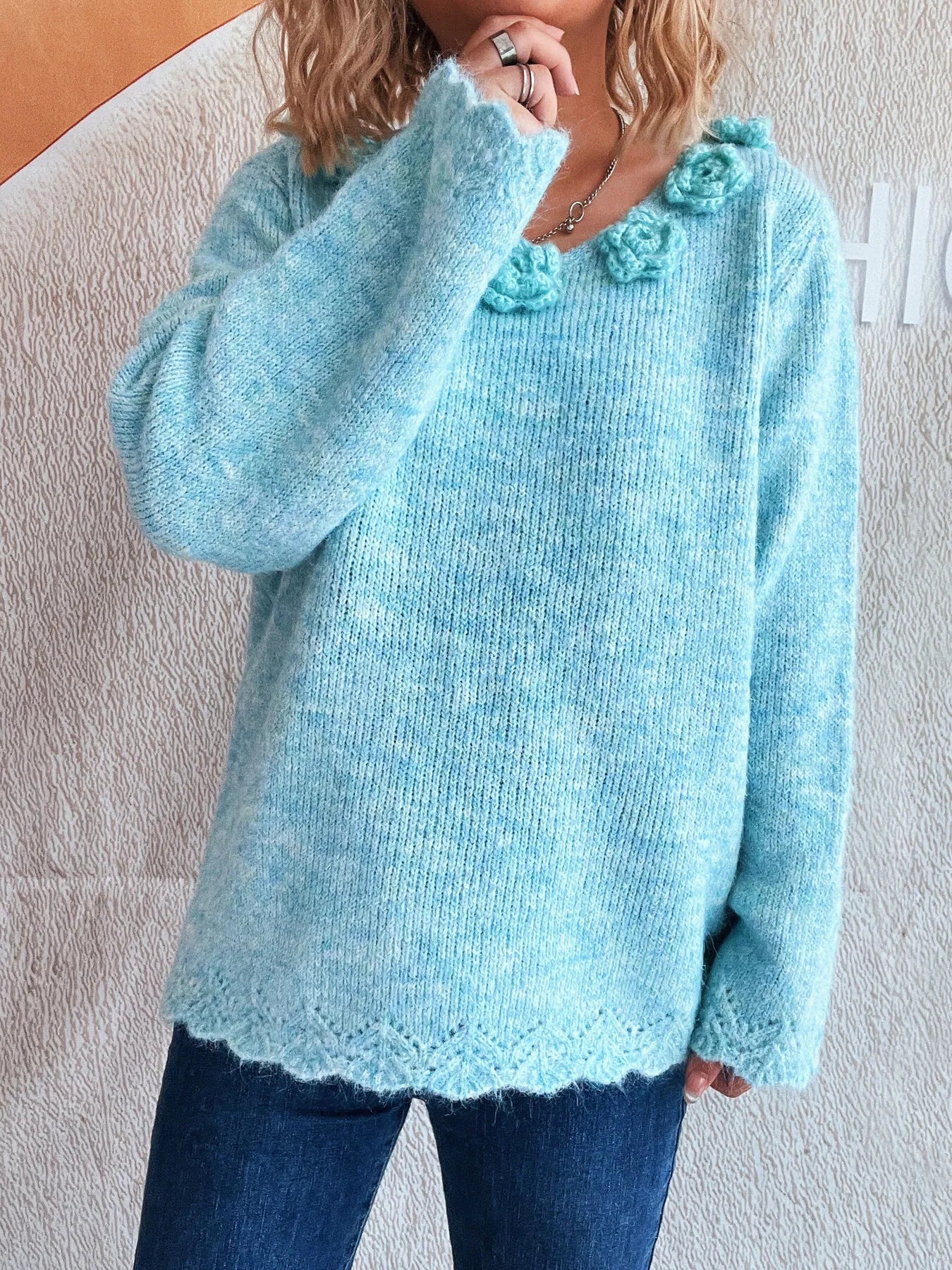 Trendsi Flower V-Neck Long Sleeve Sweater