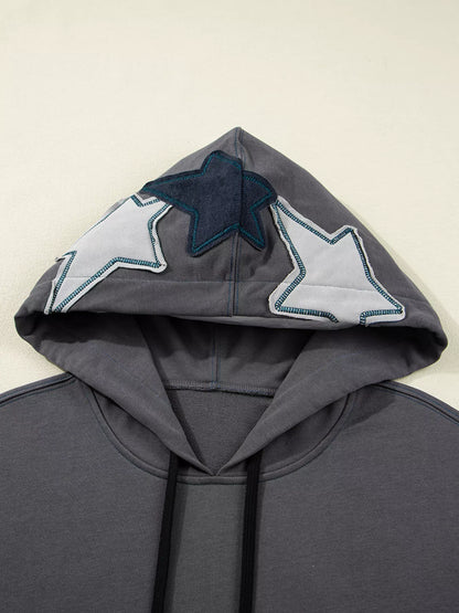 Trendsi Star Patchwork Contrast Stitching Mineral Wash Kangaroo Pocket Hoodie