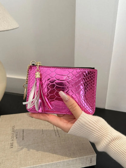 PU Leather Tassel Trim Card Case Hot Pink One Size Easy Apparels