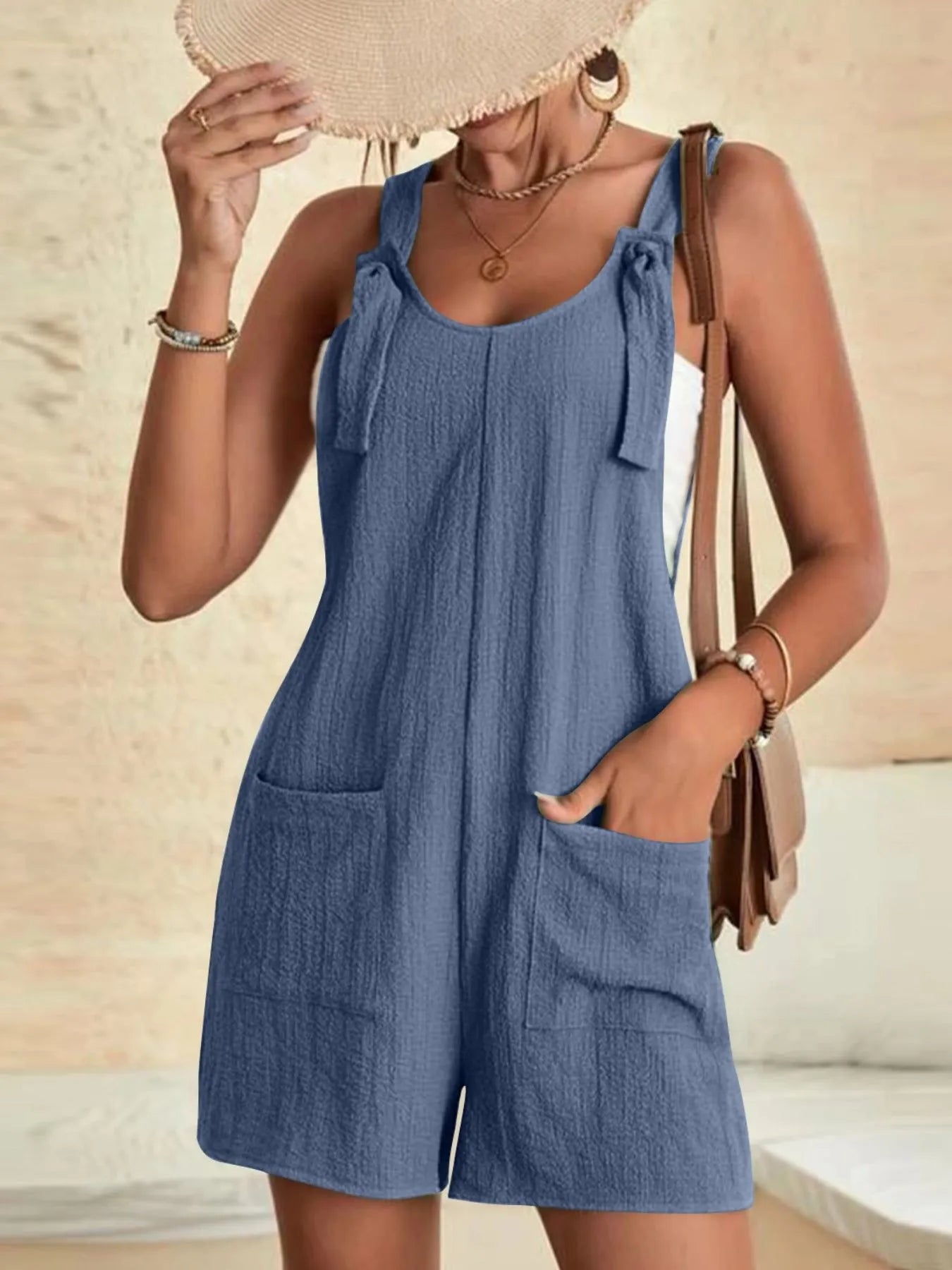 Full Size Knot Strap Romper with Pockets Plus Size Dusty Blue Easy Apparels