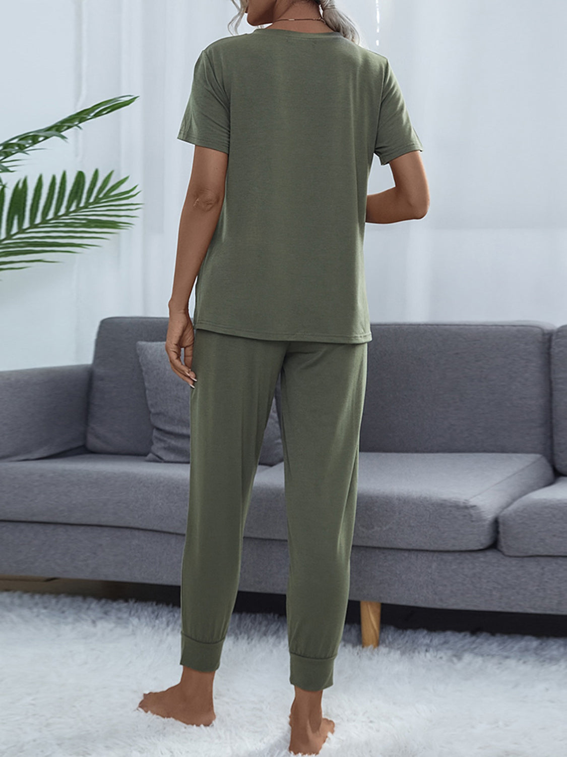 Shiny Round Neck Short Sleeve Top and Pants Set Easy Apparels