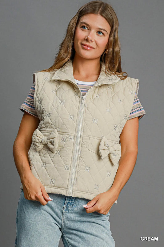 Umgee Sleeveless Quilted Vest with Bow Details CREAM Easy Apparels