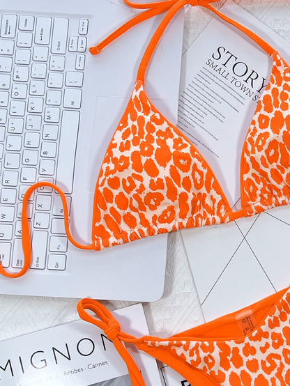 Leopard Print Halter Neck Tie Side Bikini Set Easy Apparels