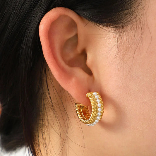 Stainless Steel Pearl C-Hoop Earrings Gold One Size Easy Apparels