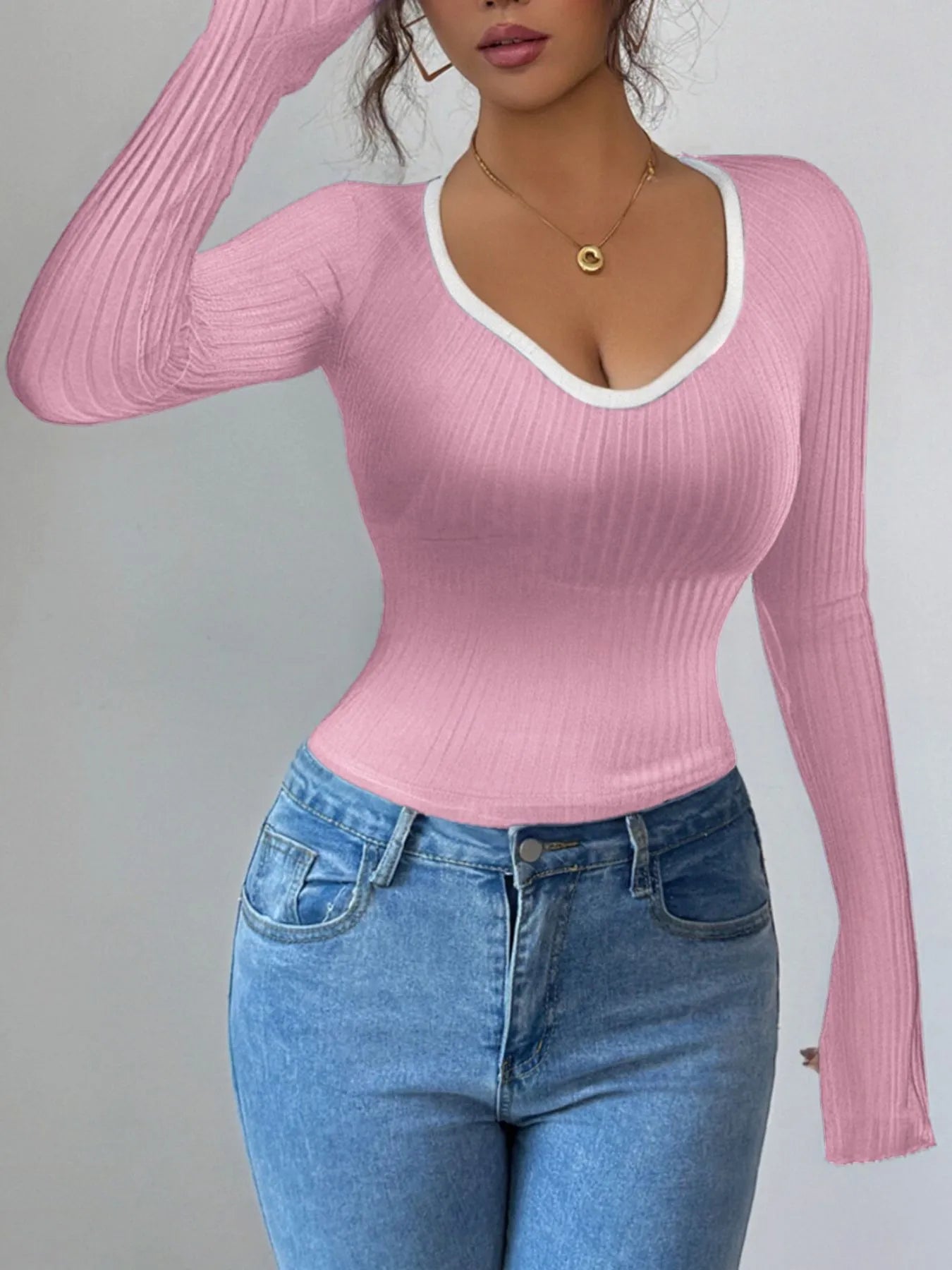 Trendsi Contrast Trim Long Sleeve T-Shirt