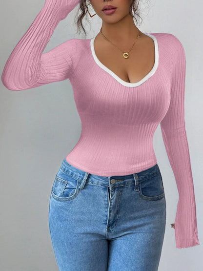 Trendsi Contrast Trim Long Sleeve T-Shirt