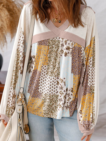 Trendsi Floral Printed Contrast Patchwork Long Sleeve Top