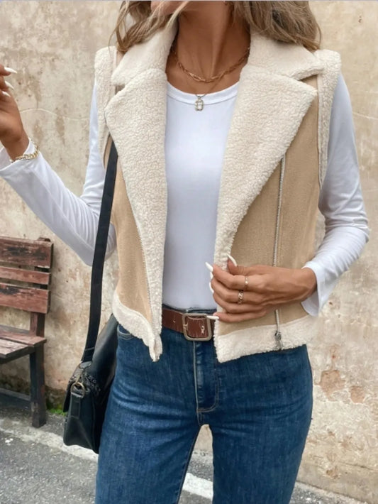 Zip Up Sherpa Vest Coat Khaki Easy Apparels