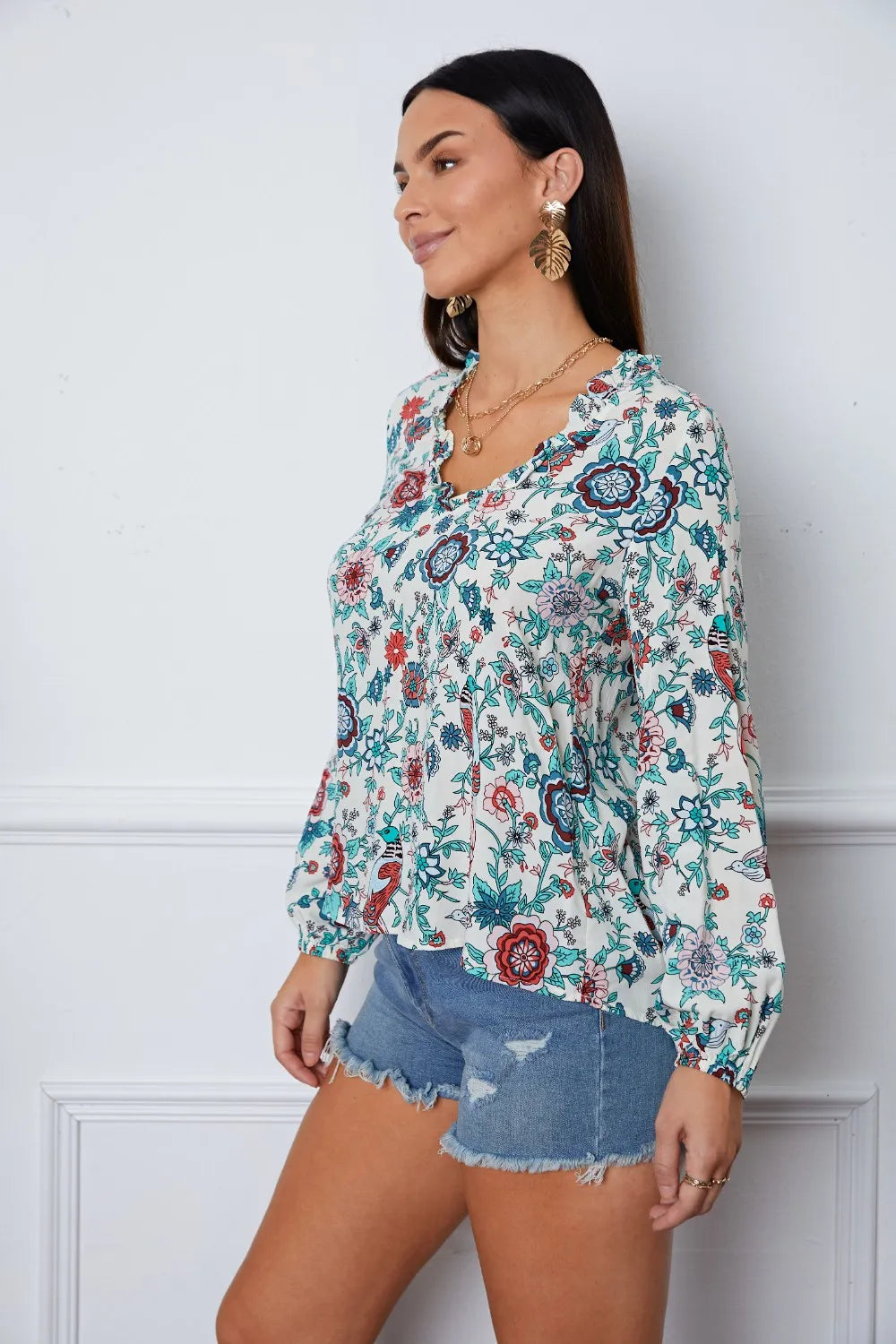 Trendsi Floral Notched Long Sleeve Blouse
