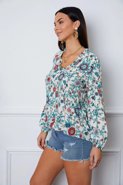 Trendsi Floral Notched Long Sleeve Blouse