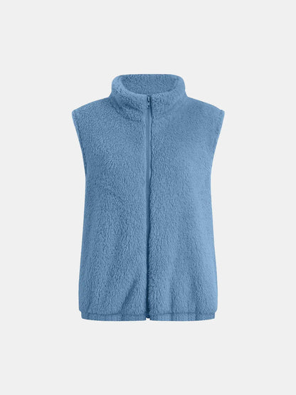Full Size Fuzzy Zip Up Vest Coat with Pockets Easy Apparels