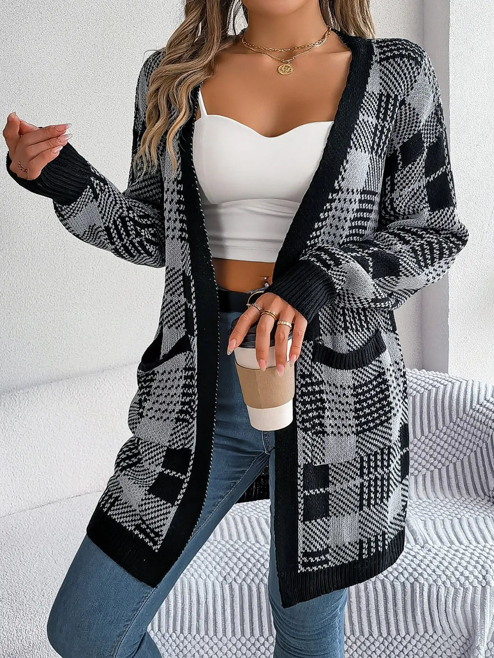Plaid Open Front Long Sleeve Cardigan Easy Apparels