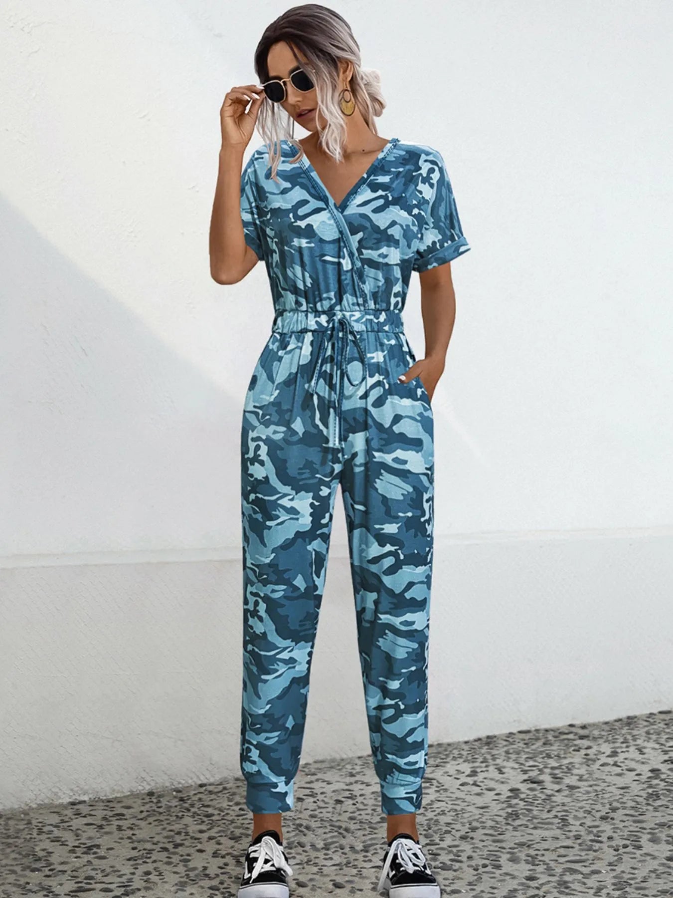 Drawstring Waist Short Sleeve Jumpsuit Blue Camouflage Easy Apparels