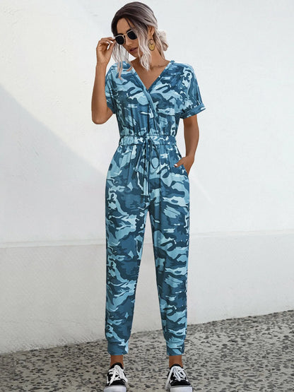 Drawstring Waist Short Sleeve Jumpsuit Blue Camouflage Easy Apparels