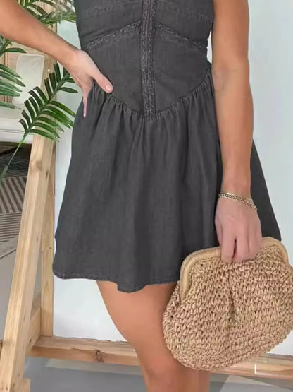 Full Size Lace Up Halter Neck Denim Dress Plus Size Easy Apparels