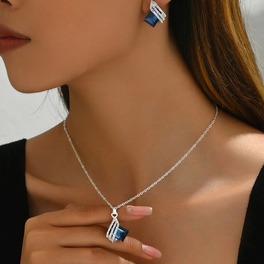 Stainless Steel Crystal Geometric Earrings and Necklace Jewelry Set Silver One Size Easy Apparels