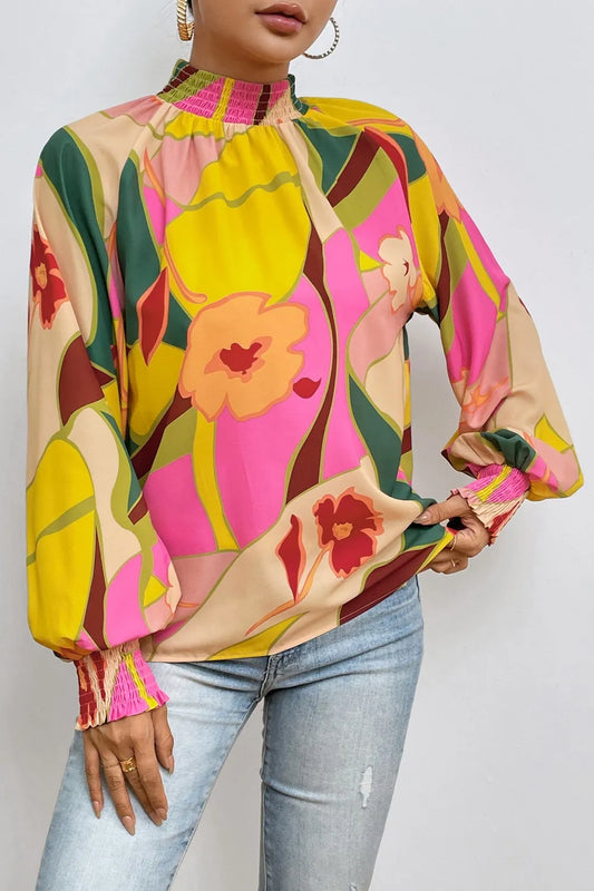 Trendsi Floral Smocked Lantern Sleeve Mock Neck Blouse Multicolor