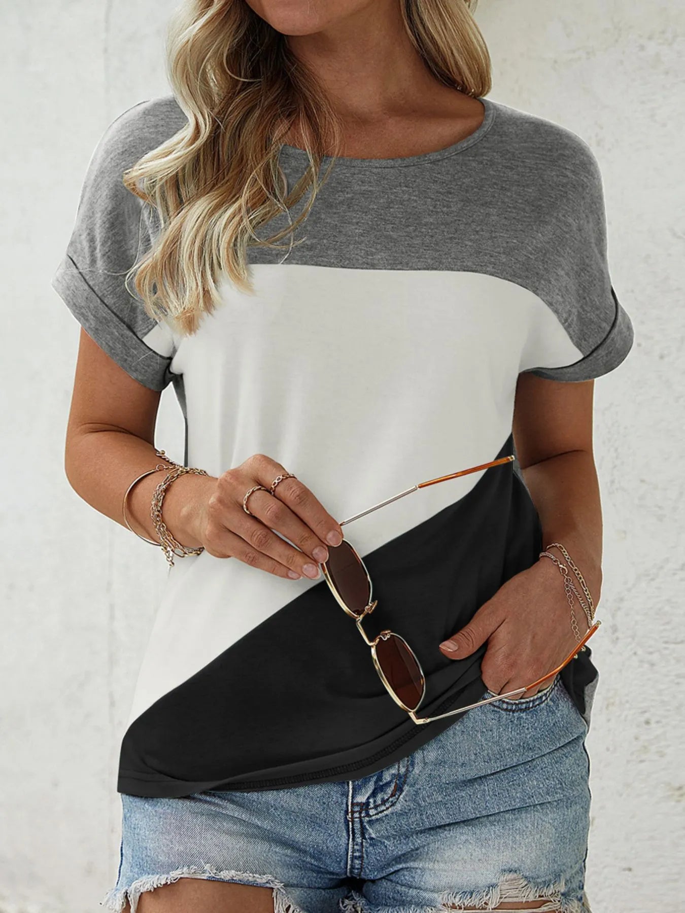 Trendsi Color Block Casual T-Shirt Gray