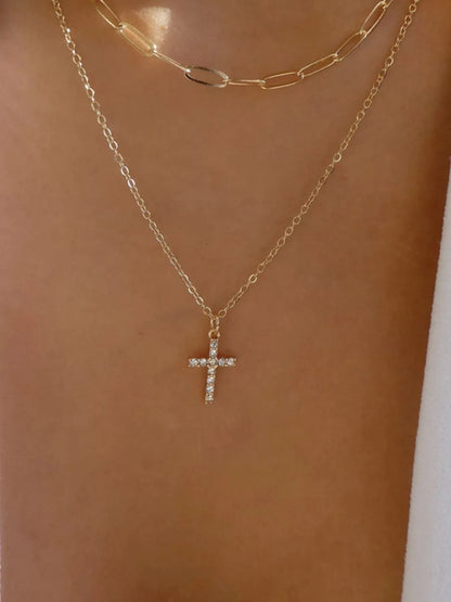 Double Layered Inlaid Zircon Cross Pendant Necklace Gold One Size Easy Apparels