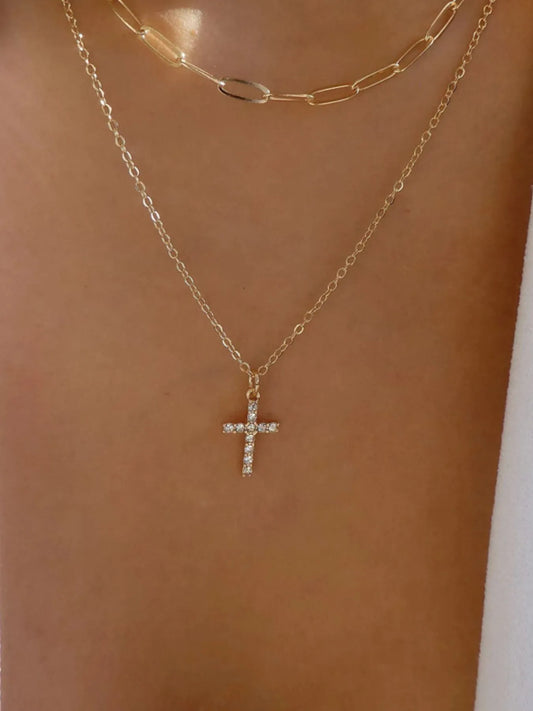 Double Layered Inlaid Zircon Cross Pendant Necklace Gold One Size Easy Apparels