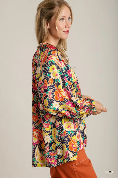 Trendsi Umgee Full Size Satin Paisley Ruffle Neck Button-Up Shirt Plus Size