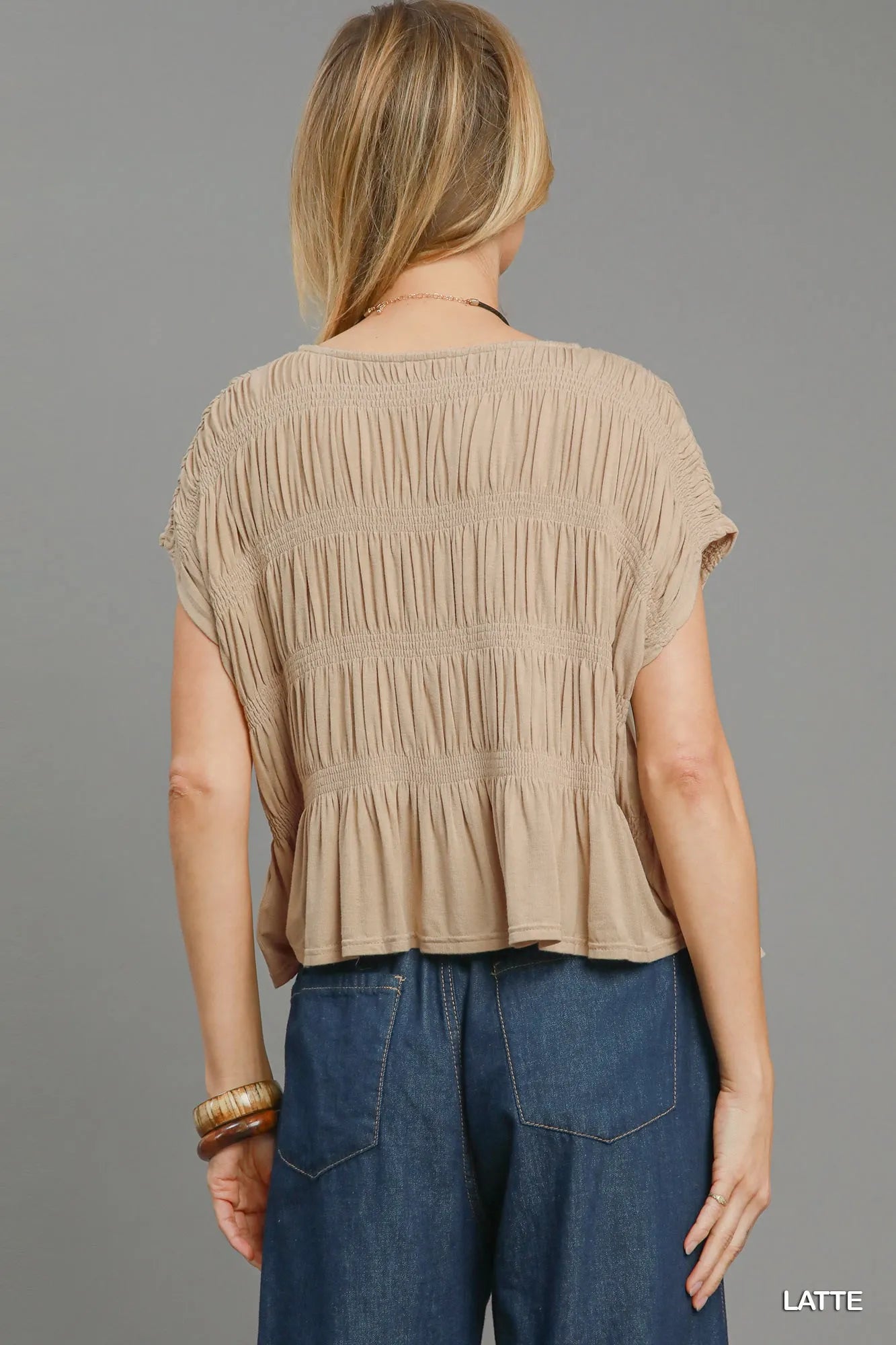 Trendsi Umgee Short Sleeve Knit Smocked Top