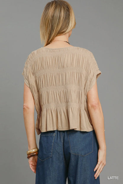 Trendsi Umgee Short Sleeve Knit Smocked Top