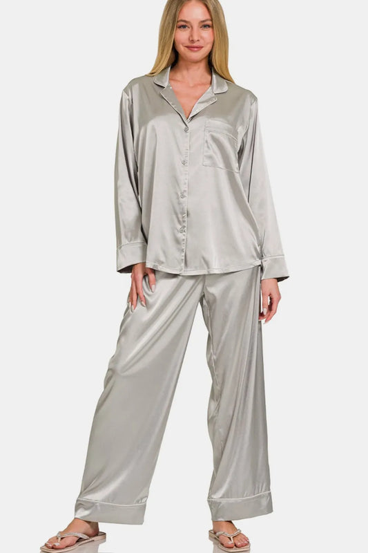 Zenana Satin Long Sleeve Shirt and Pants Pajama Set Silver Easy Apparels